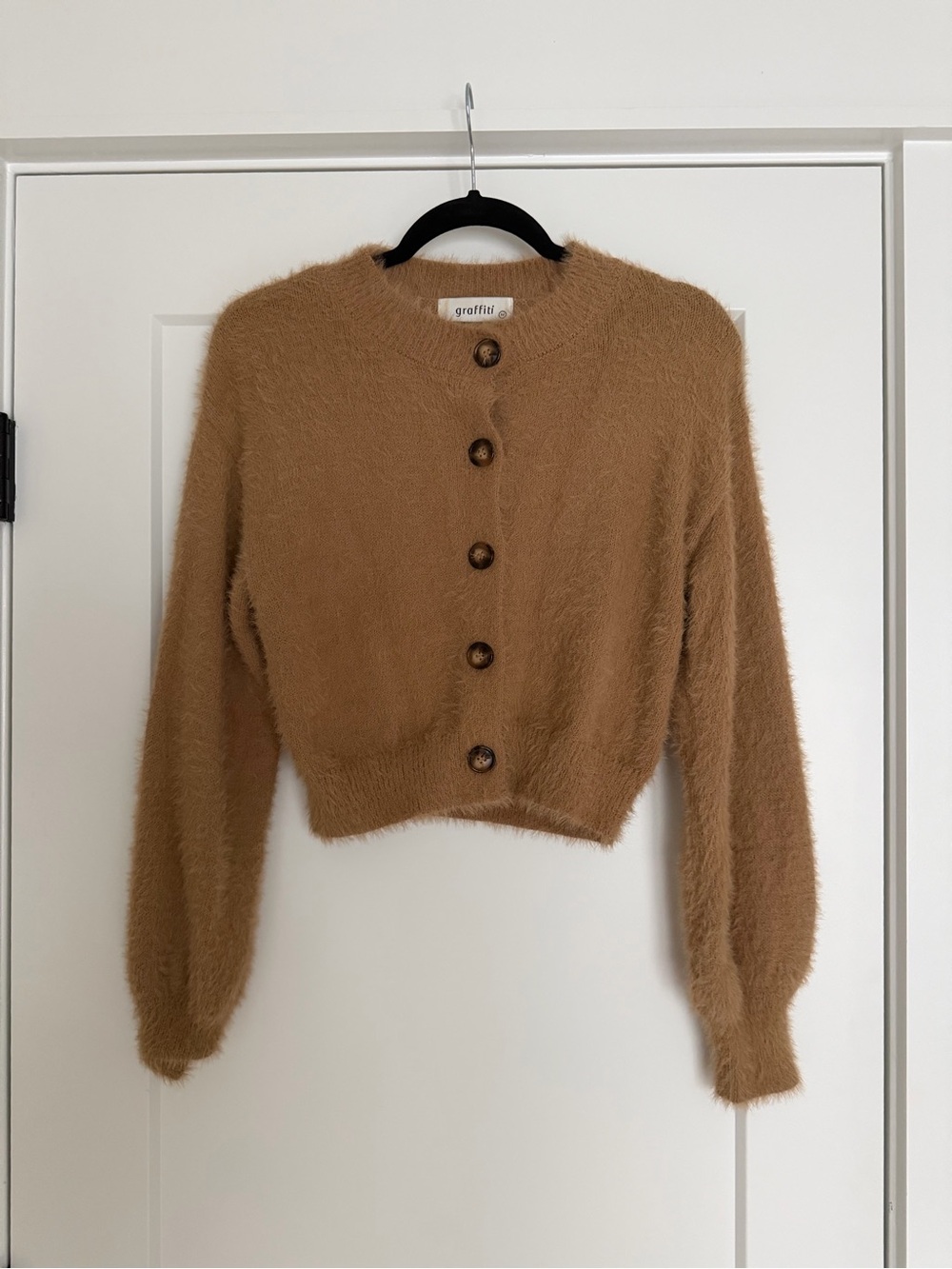 Graffiti Cropped Fuzzy Button-Front Cardigan in Camel